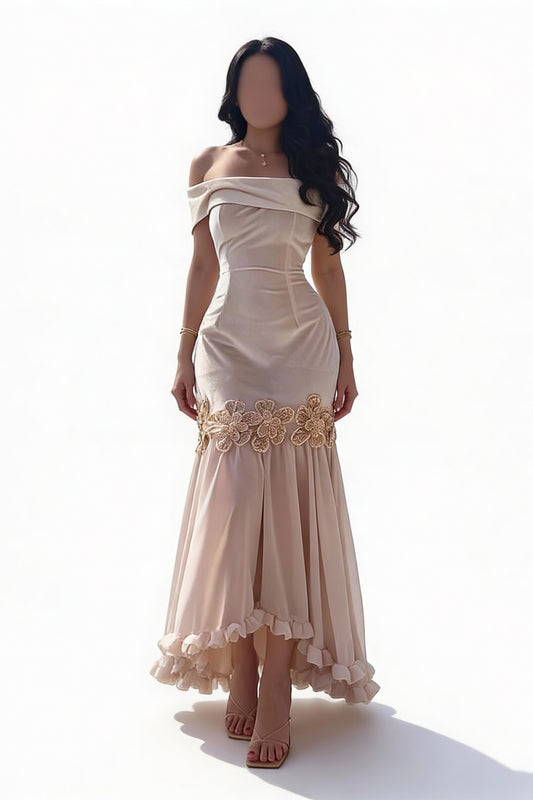 فستان كريمي بزهر