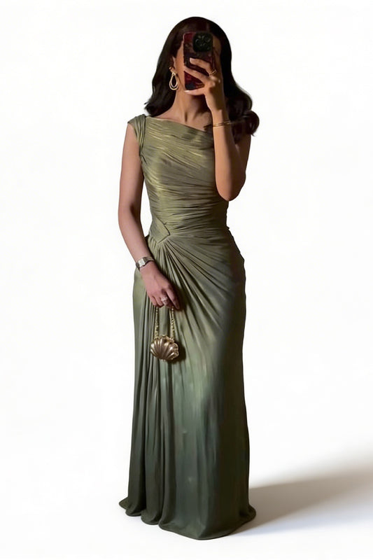 فستان سهرة بلمعة ذهبية أخضر زمردي فاخر