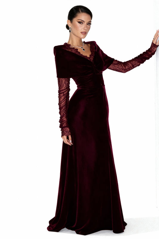 فستان مخمل بورغندي